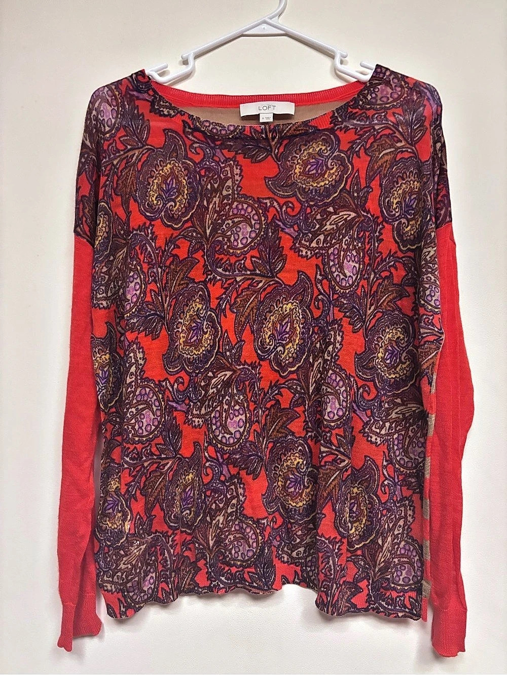 LOFT Paisley Long Sleeve Top in Red & Purple Size Medium